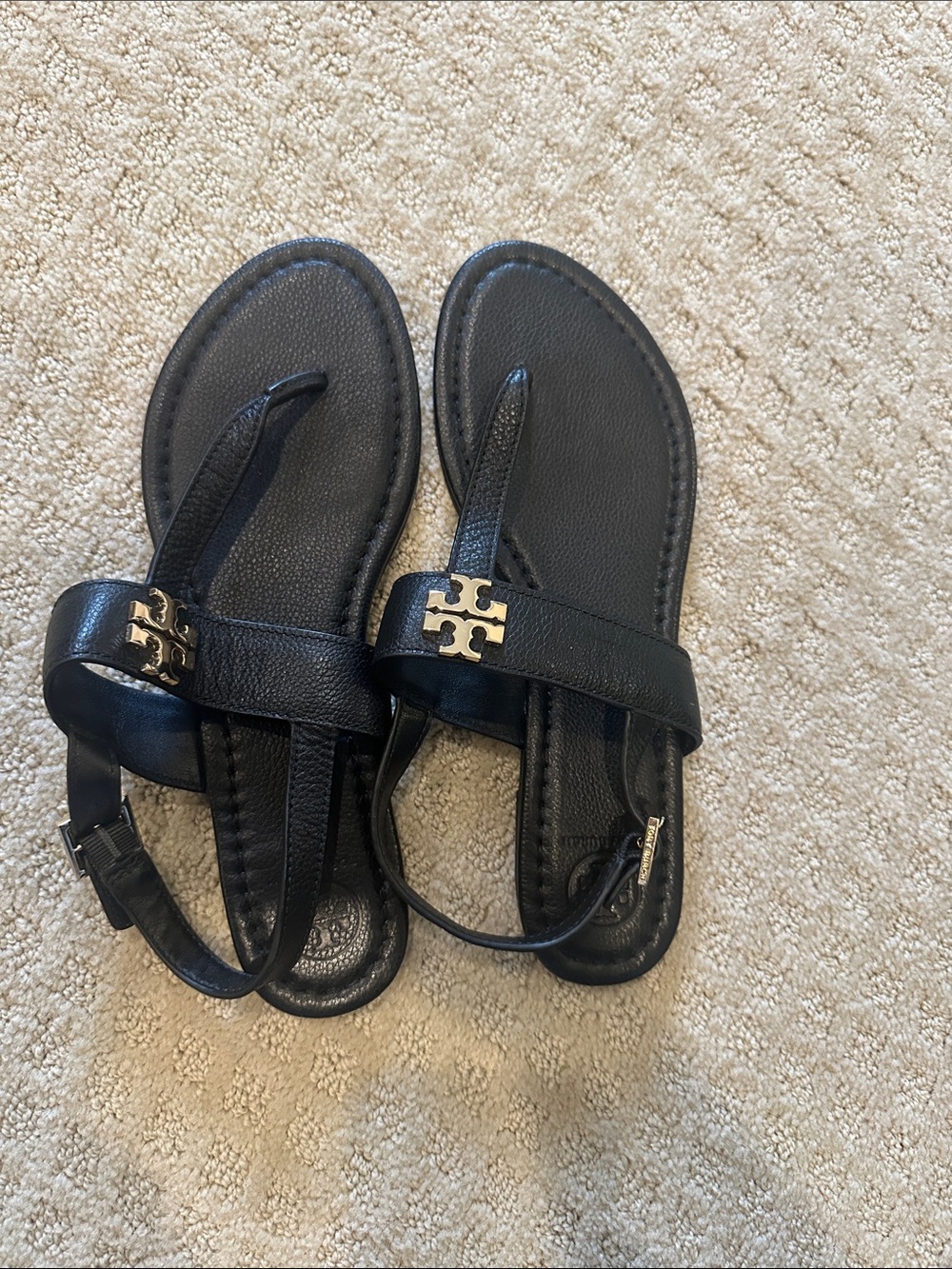 Tory Burch Black Leather Logo T-Strap Sandals with Gold Hardware